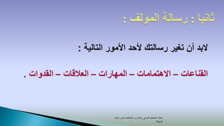 ‫البد أن تغير رسالتك ألحد األمور التالية :‬

‫القناعات – االهتمامات – المهارات – العالقات – القدوات .‬



                           ‫إعداد المحكم الدولي والمدرب المعتمد/ بندر دحام‬
                                                                 ‫المجالد‬
 