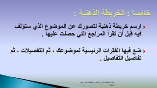 ‫‪ ‬ارسم خريطة ذهنية لتصورك عن الموضوع الذي ستؤلف‬
          ‫فيه قبل أن تقرأ المراجع التي حصلت عليها .‬

‫‪ ‬ضع فيها الفقرات الرئيسية لموضوعك ، ثم التفصيالت ، ثم‬
                                   ‫تفاصيل التفاصيل .‬


                           ‫إعداد المحكم الدولي والمدرب المعتمد/ بندر دحام‬
                                                                 ‫المجالد‬
 