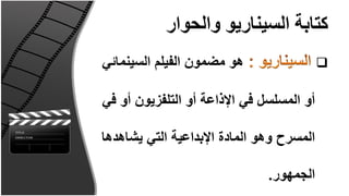 ‫كتابة السيناريو والحوار‬
‫هو مضمون الفيلم السينمائي‬                  ‫‪‬‬

‫أو المسلسل في اإلذاعة أو التلفزيون أو في‬

‫المسرح وهو المادة اإلبداعية التي يشاهدها‬

                               ‫الجمهور.‬
 