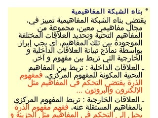 ‫٭ بناء الشبكة المفاهيمية‬
      ‫يقتضي بناء الشبكة المفاهيمية تمييز في،‬
          ‫مجال مفاهيمي معين، مجموعة من‬
   ‫المفاهيم التحتية وتحديد العلقات المختلفة‬
   ‫الموجودة بين تلك المفاهيم، أي يجب إبراز‬
      ‫بواسطة نماذج تبيانة العلقات الداخلية و‬
        ‫الخارجية التي تربط بين مفهوم و آخر.‬
       ‫ـ العلقات الداخلية : تربط بين المفاهيم‬
   ‫التحتية المكونة للمفهوم المركزي، فمفهوم‬
       ‫الذرة يقتضي التحكم في المفاهيم مثل‬
                      ‫اللكترون والبروتون ...‬
 ‫ـ العلقات الخارجية : تربط المفهوم المركزي‬
 ‫بالمفاهيم المستقلة عنه، ففهم مفهوم الذرة‬
‫يحيل إلى التحكم في المفاهيم مثل الجزيئة و‬
 