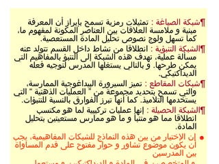 ‫¶شبكة الصياغة : تمثيلت رمزية تسمح بإبراز أن المعرفة‬
 ‫مبنية و ملمسة العلقات بين العناصر المكونة لمفهوم ما،‬
         ‫كما تسهل ولوج نصوص تحليل المادة المستعصية.‬
  ‫¶الشبكة التنبؤية : انطلقا من نشاط داخل القسم تتولد عنه‬
‫مسألة عملية، تهدف هذه الشبكة إلى التنبؤ بالمفاهيم التي‬
     ‫يمكن طرحها. و بالتالي يستغلها المدرس لتوجيه فعله‬
                                                ‫الديداكتيكي.‬
    ‫¶شبكات المقاطع : تميز السيرورة البيداغوجية الممارسة،‬
‫والتي تسمح بتحديد مجموعة من ” العمليات الذهنية “ التي‬
   ‫يستخدمها التلميذ. كما أنها تبرز الفوارق بالنسبة للتنبؤات.‬
       ‫¶الشبكة الحصيلة : إنها عمليات تركيبية لما هو مكتسب‬
    ‫انطلقا مما هو متنبأ و ما هو ممارس مستعينين بتحليل‬
                                                       ‫المادة.‬
‫☻ إن الختيار من بين هذه النماذج للشبكات المفاهيمية، يجب‬
‫أن يكون موضوع تشاور و حوار مفتوح على قدم المساواة‬
                                               ‫بين المدرسين‬
 