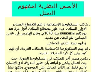 ‫السس النظرية لمفهوم‬
               ‫التمثل‬
    ‫ـ شكلت السيكولوجيا الجتماعية و علم الجتماع المصادر‬
 ‫الولى للتمثلت حيث ظهر مصطلح التمثلت لول مرة عند‬
‫دوركايم ‪ DURKHEIM‬سنة 8781م. وكان الهاجس في هذين‬
                            ‫الميدانين هو البحث عن تحديد‬
                            ‫و فهم نمط التفكير الجماعي.‬
  ‫ـ لم تهتم السيكولوجيا الجتماعية بالتمثلت الفردية، أي فهم‬
                       ‫كيف يبني كل فرد المعرفة العلمية.‬
   ‫ـ يكمن مصدر آخر للتمثلت في السيكولوجيا البنيوية، حيث‬
‫بينت أعمال بياجي و أتباعه بأن تطور المعرفة لدى النسان‬
 ‫ل تتم فقط عبر التأثير المباشر على الموضوع. ولكنها تنشأ‬
 