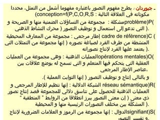 ‫ـ جيوردان : يطرح مفهوم التصور باعتباره مفهوما أشمل من التمثل، محددا‬
              ‫مكوناته في العلقة التالية : ‪(conception=f(P,C,O,R,S‬‬
 ‫(‪problème)P‬مشكلة : مجموعة من التساؤلت الضمنية منها و الصريحة و‬
     ‫.) التي تدعو إلى استعمال و توظيف التصور ) محرك النشاط الذهني‬
‫( ‪ cadre de référence)C‬إطار مرجعي : مجموعة من المعارف المحيطية‬
‫المنشطة من طرف الفرد لصياغة تصوره ) إنها مجموعة من التمثلت التي‬
                                        ‫.) يعتمد عليها الفرد لنتاج تصوراته‬
‫(‪opérations mentales)O‬العمليات الذهنية : وهي مجموعة من العمليات‬
      ‫العقلية التي يتحكم فيها المتعلم و التي تسمح له بوضع علقات بين‬
                                                 ‫،عناصر الطار المرجعي‬
                  ‫و بالتالي إنتاج و توظيف التصور ) إنها التوابث العملية (.‬
  ‫(‪ réseau sémantique)R‬الشبكة الدللية : إنها تنظيم للطار المرجعي و‬
 ‫العمليات الذهنية للحصول على تناسق دللي للمجموعة قصد إنتاج تصور‬
       ‫ذي معنى ) إن معنى التصور يبرز انطلقا من الروابط ” المنطقية “‬
              ‫.) المشكلة بين مختلف التصورات الرئيسية منها و المحيطية‬
                                                                 ‫ماَ‬
  ‫(‪ signifiant)S‬الدوال : إنها مجموعة من الرموز و العلمات الضرورية لنتاج‬
                                                         ‫.و تفسير التصور‬
 