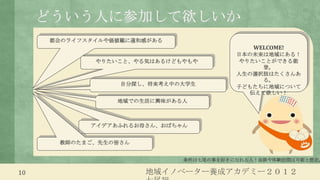 どういう人に参加して欲しいか
     都会のライフスタイルや価値観に違和感がある
                                            WELCOME!
                                        日本の未来は地域にある！
             やりたいこと、やる気はあるけどもやもや        やりたいことができる能
                                             登。
                                        人生の選択肢はたくさんあ
                                             る。
                  自分探し、将来考え中の大学生
                                        子どもたちに地域について
                                          伝えて欲しい！
                 地域での生活に興味がある人



            アイデアあふれるお母さん、おばちゃん


      教師のたまご、先生の皆さん


                             条件は七尾の事を好きになれる人！面談や体験訪問は可能と想定。

10                    地域イノベーター養成アカデミー２０１２
 