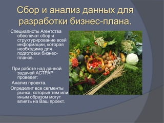 Сбор и анализ данных для
  разработки бизнес-плана.
Специалисты Агентства
  обеспечат сбор и
  структурирование всей
  информации, которая
  необходима для
  подготовки бизнес-
  планов.

При работе над данной
  задачей АСТРАР
  проведет:
Анализ проекта.
Определит все сегменты
  рынка, которые тем или
  иным образом могут
  влиять на Ваш проект.
 