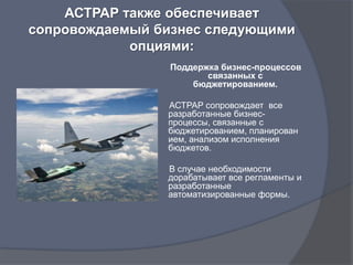 АСТРАР также обеспечивает
сопровождаемый бизнес следующими
            опциями:
                 Поддержка бизнес-процессов
                        связанных с
                     бюджетированием.

                АСТРАР сопровождает все
                разработанные бизнес-
                процессы, связанные с
                бюджетированием, планирован
                ием, анализом исполнения
                бюджетов.

                В случае необходимости
                дорабатывает все регламенты и
                разработанные
                автоматизированные формы.
 