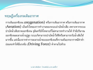 ทฤษฎีเครืองกลเติมอากาศ
        ่
การเติมออกซิเจน (oxygenation) หรือการเติมอากาศ หรือการเติมอากาศ
(Aeration) เป็ นหัวใจของการทางานของระบบบาบัดน้าเสีย เพราะหากระบบ
บาบัดน้าเสียขาดออกซิเจน จุลนทรียทงหลายก็ไม่สามารถทางานได้ ถ้ามีปริมาณ
                           ิ     ์ ั้
ออกซิเจนละลายน้าอยูสง ระบบก็สามารถบาบัดน้าได้ดหรือสามารถรับน้าเสียได้
                     ่ ู                        ี
มากขึน แต่เนื่องจากค่าการละลายน้าของออกซิเจนทีความดันบรรยากาศมีคาต่า
     ้                                        ่                   ่
ย่อมจะทาให้มแรงขับ (Driving Force) ต่าตามไปด้วย
              ี




                     นางสาวพันธิตรา โรจนพันธ์ ม.4/8 ๶ลྺที่27
 