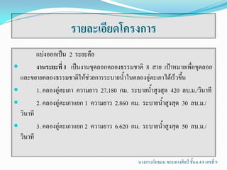 รายละเอียดโครงการ
         แบ่งออกเป็น 2 ระยะคือ
        งานระยะที่ 1 เป็นงานขุดลอกคลองธรรมชาติ 8 สาย เป้าหมายเพื่อขุดลอก
  และขยายคลองธรรมชาติให้ช่วยการระบายน้้าในคลองอู่ตะเภาได้เร็วขึ้น
        1. คลองอู่ตะเภา ความยาว 27.180 กม. ระบายน้้าสูงสุด 420 ลบ.ม./วินาที
        2. คลองอู่ตะเภาแยก 1 ความยาว 2.860 กม. ระบายน้้าสูงสุด 30 ลบ.ม./
  วินาที
        3. คลองอู่ตะเภาแยก 2 ความยาว 6.620 กม. ระบายน้้าสูงสุด 50 ลบ.ม./
  วินาที

                                               นางสาวนัทธมน ชอบทางศิลป์ ชั้นม.4/8 เลขที่ 9
 