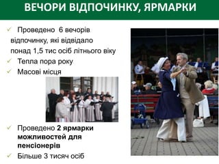 ВЕЧОРИ ВІДПОЧИНКУ, ЯРМАРКИ
 Проведено 6 вечорів
 відпочинку, які відвідало
 понад 1,5 тис осіб літнього віку
 Тепла пора року
 Масові місця




 Проведено 2 ярмарки
  можливостей для
  пенсіонерів
 Більше 3 тисяч осіб
 