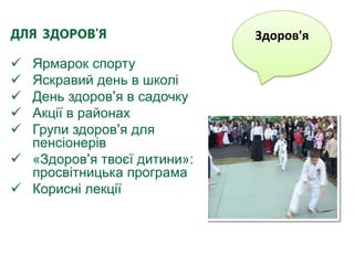 ’                Здоров'я

 Ярмарок спорту
 Яскравий день в школі
 День здоров’я в садочку
 Акції в районах
 Групи здоров’я для
  пенсіонерів
 «Здоров’я твоєї дитини»:
  просвітницька програма
 Корисні лекції
 