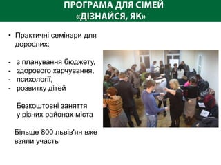 • Практичні семінари для
  дорослих:

-   з планування бюджету,
-   здорового харчування,
-   психології,
-   розвитку дітей

    Безкоштовні заняття
    у різних районах міста

    Більше 800 львів'ян вже
    взяли участь
 