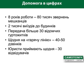 • 8 років роботи – 80 тисяч звернень
  мешканців
• 2 тисячі виїздів до будинків
• Передача більше 30 відомчих
  гуртожитків
• Щодня на «гарячу лінію» – 40-50
  дзвінків
• Юристи приймають щодня - 30
  відвідувачів
 