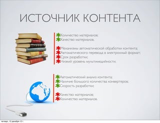 ИСТОЧНИК КОНТЕНТА
                            Количество материалов;
                            Качество материалов.

                            Механизмы автоматической обработки контента;
                            Автоматического перевода в электронный формат;
                            Срок разработки;
                            Низкий уровень мультимедийности.



                            Автоматический анализ контента;
                            Наличие большого количества конвертеров;
                            Скорость разработки;

                            Качество материалов;
                            Количество материалов.




четверг, 13 декабря 12г.
 