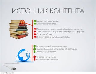 ИСТОЧНИК КОНТЕНТА
                            Количество материалов;
                            Качество материалов.

                            Механизмы автоматической обработки контента;
                            Автоматического перевода в электронный формат;
                            Срок разработки;
                            Низкий уровень мультимедийности.



                            Автоматический анализ контента;
                            Наличие большого количества конвертеров;
                            Скорость разработки;

                            Качество материалов;
                            Количество материалов.




четверг, 13 декабря 12г.
 