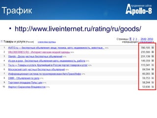 Трафик
 • http://www.liveinternet.ru/rating/ru/goods/
 