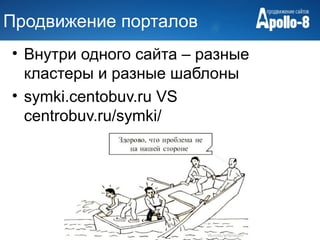Продвижение порталов
• Внутри одного сайта – разные
  кластеры и разные шаблоны
• symki.centobuv.ru VS
  centrobuv.ru/symki/
 