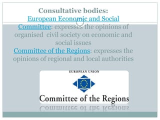 Consultative bodies:
     European Economic and Social
 Committee: expresses the opinions of
organised civil society on economic and
              social issues
Committee of the Regions: expresses the
opinions of regional and local authorities
 
