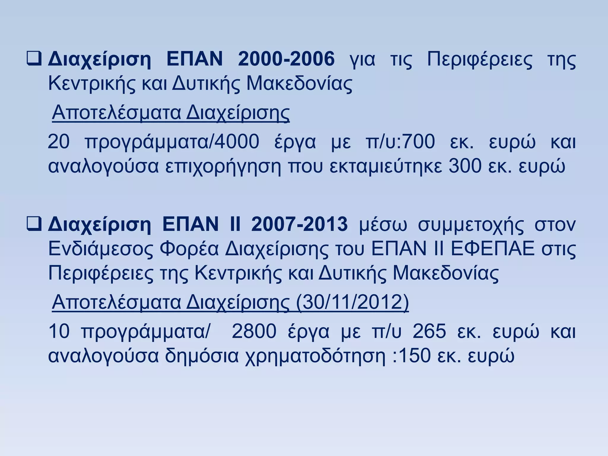  Γιασείπιζη ΔΠΑΝ 2000-2006 γηα ηηο Πεξηθέξεηεο ηεο
  Κεληξηθήο θαη Γπηηθήο Μαθεδνλίαο
  Απνηειέζκαηα Γηαρείξηζεο
  20 πξνγξάκκαηα/4000 έξγα κε π/π:700 εθ. επξψ θαη
  αλαινγνχζα επηρνξήγεζε πνπ εθηακηεχηεθε 300 εθ. επξψ

 Γιασείπιζη ΔΠΑΝ ΗΗ 2007-2013 κέζσ ζπκκεηνρήο ζηνλ
  Δλδηάκεζνο Φνξέα Γηαρείξηζεο ηνπ ΔΠΑΝ ΗΗ ΔΦΔΠΑΔ ζηηο
  Πεξηθέξεηεο ηεο Κεληξηθήο θαη Γπηηθήο Μαθεδνλίαο
  Απνηειέζκαηα Γηαρείξηζεο (30/11/2012)
  10 πξνγξάκκαηα/ 2800 έξγα κε π/π 265 εθ. επξψ θαη
  αλαινγνχζα δεκφζηα ρξεκαηνδφηεζε :150 εθ. επξψ
 