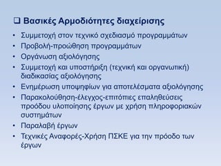  Βαζικέρ Απμοδιψηηηερ διασείπιζηρ
•   ΢πκκεηνρή ζηνλ ηερληθφ ζρεδηαζκφ πξνγξακκάησλ
•   Πξνβνιή-πξνψζεζε πξνγξακκάησλ
•   Οξγάλσζε αμηνιφγεζεο
•   ΢πκκεηνρή θαη ππνζηήξημε (ηερληθή θαη νξγαλσηηθή)
    δηαδηθαζίαο αμηνιφγεζεο
•   Δλεκέξσζε ππνςεθίσλ γηα απνηειέζκαηα αμηνιφγεζεο
•   Παξαθνινχζεζε-έιεγρνο-επηηφπηεο επαιεζεχζεηο
    πξνφδνπ πινπνίεζεο έξγσλ κε ρξήζε πιεξνθνξηαθψλ
    ζπζηεκάησλ
•   Παξαιαβή έξγσλ
•   Σερληθέο Αλαθνξέο-Υξήζε Π΢ΚΔ γηα ηελ πξφνδν ησλ
    έξγσλ
 