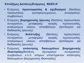 Δπιλέξιμερ Γαπάνερ/Δνέπγειερ ΦΑ΢Ζ Α’
• Δλέξγεηεο πποεηοιμαζίαρ & ζσεδιαζμοω (δαπάλεο
  πξνζσπηθνχ,         εκπεηξνγλσκψλσλ,     ζπλεξγαηψλ,
  ζπκβνχισλ)
• Δλέξγεηεο βιομησανικήρ έπεςναρ (δαπάλεο πξνζσπηθνχ,
  ζπλεξγαηψλ,      κεηαθνξάο/     αγνξάο ηερλνγλσζίαο,
  αλαιψζηκσλ πιηθψλ, απνζβέζεσλ εμνπιηζκνχ γηα
  δηαδηθαζίεο έξεπλαο)
• Δλέξγεηεο     Ανάπηςξηρ       (δαπάλεο  πξνζσπηθνχ,
  ζπλεξγαηψλ,      κεηαθνξάο/     αγνξάο ηερλνγλσζίαο,
  αλαιψζηκσλ πιηθψλ, απνζβέζεσλ εμνπιηζκνχ γηα
  δηαδηθαζίεο έξεπλαο)
• Δλέξγεηεο απψκηηζηρ δικαιυμάηυν βιομησανικήρ
  ιδιοκηηζίαρ(δαπάλεο        εμσηεξηθψλ    ζπλεξγαηψλ,
  ζπκβνχισλ, θ.ι.π. αηφκσλ ππνζηεξηθηψλ απφθηεζεο
  δηθαησκάησλ βηνκεραληθήο ηδηνθηεζίαο)
 
