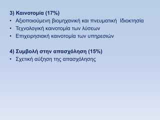 3) Καινοηομία (17%)
• Αμηνπνηνχκελε βηνκεραληθή θαη πλεπκαηηθή Ηδηνθηεζία
• Σερλνινγηθή θαηλνηνκία ησλ ιχζεσλ
• Δπηρεηξεζηαθή θαηλνηνκία ησλ ππεξεζηψλ

4) ΢ςμβολή ζηην απαζσψληζη (15%)
• ΢ρεηηθή αχμεζε ηεο απαζρφιεζεο
 