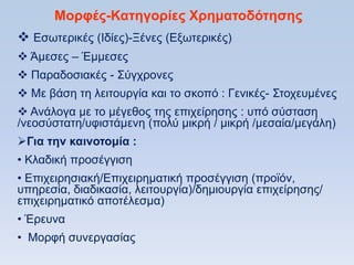 Μοπθέρ-Καηηγοπίερ Υπημαηοδψηηζηρ
 Δζσηεξηθέο (Ηδίεο)-Ξέλεο (Δμσηεξηθέο)
 Άκεζεο – Έκκεζεο
 Παξαδνζηαθέο - ΢χγρξνλεο
 Με βάζε ηε ιεηηνπξγία θαη ην ζθνπφ : Γεληθέο- ΢ηνρεπκέλεο
 Αλάινγα κε ην κέγεζνο ηεο επηρείξεζεο : ππφ ζχζηαζε
/λενζχζηαηε/πθηζηάκελε (πνιχ κηθξή / κηθξή /κεζαία/κεγάιε)
Για ηην καινοηομία :
• Κιαδηθή πξνζέγγηζε
• Δπηρεηξεζηαθή/Δπηρεηξεκαηηθή πξνζέγγηζε (πξντφλ,
ππεξεζία, δηαδηθαζία, ιεηηνπξγία)/δεκηνπξγία επηρείξεζεο/
επηρεηξεκαηηθφ απνηέιεζκα)
• Έξεπλα
• Μνξθή ζπλεξγαζίαο
 