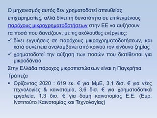 Ο κεραληζκφο απηφο δελ ρξεκαηνδνηεί απεπζείαο
επηρεηξεκαηίεο, αιιά δίλεη ηε δπλαηφηεηα ζε επηιεγκέλνπο
παξφρνπο κηθξνρξεκαηνδνηήζεσλ ζηελ ΔΔ λα απμήζνπλ
ηα πνζά πνπ δαλείδνπλ, κε ηηο αθφινπζεο ελέξγεηεο:
 δίλεη εγγπήζεηο ζε παξφρνπο κηθξνρξεκαηνδνηήζεσλ, θαη
   θαηά ζπλέπεηα αλαιακβάλεη απφ θνηλνχ ηνλ θίλδπλν δεκίαο
 ρξεκαηνδνηεί ηελ αχμεζε ησλ πνζψλ πνπ δηαηίζεληαη γηα
   κηθξνδάλεηα
΢ηελ Διιάδα πάξνρνο κηθξνπηζηψζεσλ είλαη ε Παγθξήηηα
Σξάπεδα
 Οξίδνληαο 2020 : 619 εθ. € γηα ΜκΔ, 3,1 δηζ. € γηα λέεο
   ηερλνινγίεο & θαηλνηνκία, 3,6 δηζ. € γηα ρξεκαηνδνηηθά
   εξγαιεία, 1,3 δηζ. € γηα δνκή θαηλνηνκίαο Δ.Δ. (Eπξ.
   Ηλζηηηνχην Καηλνηνκίαο θαη Σερλνινγίαο)
 