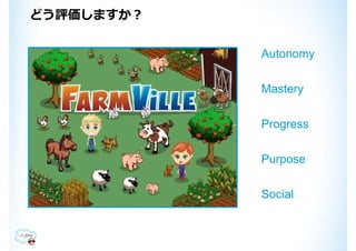 どう評価しますか？


            Autonomy

            Mastery

            Progress

            Purpose

            Social
 