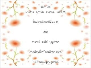 จัดทาโดย
นางสาว สุภานัน ดวงกมล เลขที่ 35

     ชั้นมัธยมศึกษาปีที่ 4 / 10

               เสนอ

     อาจารย์ อารีย์ บุญรักษา

   ภาคเรียนที่ 2 ปีการศึกษา 2555

     โรงเรียนจอมสุรางอุปถัมภ์
 