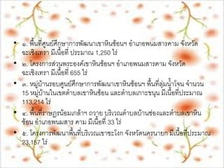 พื้นที่ดาเนินงาน
• ๑. พื้นที่ศูนย์ศึกษาการพัฒȨ๶ขาหิȨ้อนฯ อาเภอพนมสารคาม จังหวัด
  ฉะเชิงเทรา มีเนื้อที่ ประมาณ 1,250 ไร่
• ๒. โครงการส่วนพระองค์๶ขาหิȨ้อนฯ อาเภอพนมสารคาม จังหวัด
  ฉะเชิงเทรา มีเนื้อที่ 655 ไร่
• ๓. หมู่บ้านรอบศูนย์ศึกษาการพัฒȨ๶ขาหิȨ้อนฯ พื้นที่ลุ่มน้าโจน จานวน
  15 หมู่บ้านในเขตตาบล๶ขาหิȨ้อน และตาบลเกาะขนุน มีเนื้อที่ประมาณ
  113,214 ไร่
• ๔. พื้นที่ราษฎรน้อมเกล้าฯ ถวาย บริเวณตาบลบ้านซ่องและตาบลเขาหิน
  ซ้อน อาเภอพนมสาร คาม มีเนื้อที่ 33 ไร่
• ๕. โครงการพัฒนาพื้นที่บริเวณเขาชะโงก จังหวัดนครนายก มีเนื้อที่ประมาณ
  23,157 ไร่
 