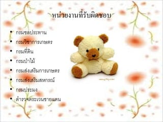หน่วยงานที่รับผิดชอบ
•   กรมชลประทาน
•   กรมวิชาการเกษตร
•   กรมที่ดิน
•   กรมป่าไม้
•   กรมส่งเสริมการเกษตร
•   กรมส่งเสริมสหกรณ์
•   กรมประมง
•   ตารวจตระเวนชายแดน
 