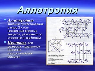Аллотропия
 Аллотропия-
 явление существования
 в виде 2-х или
 нескольких простых
 веществ, различных по
 строению и свойствам
 Причины: для
 углерода – различное
 строение
 кристаллических
 решеток
 