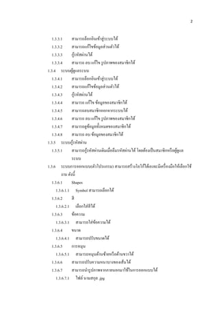 2



   1.3.3.1      สามารถล็อกอินเข้าสู่ ระบบได้
   1.3.3.2      สามารถแก้ไขข้อมูลส่ วนตัวได้
   1.3.3.3           ้
                กูรหัสผ่านได้
   1.3.3.4      สามารถ ลบ แก้ไข รู ปภาพของสมาชิกได้
1.3.4 ระบบผูดูแลระบบ
                   ้
   1.3.4.1      สามารถล็อกอินเข้าสู่ ระบบได้
   1.3.4.2      สามารถแก้ไขข้อมูลส่ วนตัวได้
   1.3.4.3             ้
                กูรหัสผ่านได้
   1.3.4.4      สามารถ แก้ไข ข้อมูลของสมาชิกได้
   1.3.4.5      สามารถลบสมาชิกออกจากระบบได้
   1.3.4.6      สามารถ ลบ แก้ไข รู ปภาพของสมาชิกได้
   1.3.4.7      สามารถดูขอมูลทั้งหมดของสมาชิกได้
                            ้
   1.3.4.8      สามารถ ลบ ข้อมูลของสมาชิกได้
                 ้
1.3.5 ระบบกูรหัสผ่าน
   1.3.5.1                ้
                สามารถกูรหัสผ่านเดิมเมื่อลืมรหัสผ่านได้ โดยต้องเป็ นสมาชิกหรื อผูดูแล
                                                                                 ้
                ระบบ
1.3.6 ระบบการออกแบบ(ตัวโปรแกรม) สามารถสร้างโลโก้ได้เองจะมีเครื่ องมือให้เลือกใช้
         งาน ดังนี้
   1.3.6.1      Shapes
      1.3.6.1.1 Symbol สามารถเลือกได้
   1.3.6.2      สี
      1.3.6.2.1 เลือกใส่ สีได้
   1.3.6.3      ข้อความ
      1.3.6.3.1 สามารถใส่ ขอความได้
                               ้
   1.3.6.4      ขนาด
      1.3.6.4.1 สามารถปรับขนาดได้
   1.3.6.5      การหมุน
      1.3.6.5.1 สามารถหมุนด้านซ้ายหรื อด้านขวาได้
   1.3.6.6      สามารถปรับความหนาบางของเส้นได้
   1.3.6.7      สามารถนารู ปภาพจากภายนอกมาใช้ในการออกแบบได้
      1.3.6.7.1 ไฟล์ นามสกุล .jpg
 