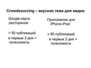 Crowdsourcing – вкусная тема для медиа

Google-карта       Приложение для
ресторанов:         iPhone iPad:

> 50 публикаций     60 публикаций
в первые 3 дня +    в первые 2 дня +
телесюжеты           телесюжеты
 