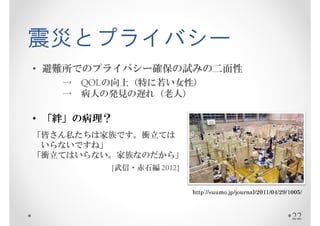 震災とプライバシー
• 避難所でのプライバシー確保の試みの二面性
   → QOLの向上（特に若い女性）
   → 病人の発見の遅れ（老人）

• 「絆」の病理？
「皆さん私たちは家族です。衝立ては
 いらないですね」
「衝立てはいらない。家族なのだから」
         [武信・赤石編 2012]


                         http://suumo.jp/journal/2011/04/29/1005/



                                                             22
 