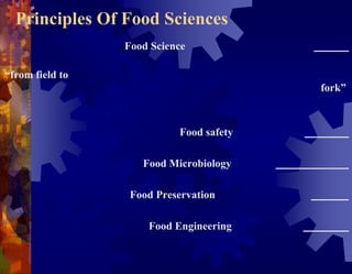 Principles Of Food Sciences
                 Food Science

“from field to
                                         fork”



                           Food safety

                    Food Microbiology

                  Food Preservation

                     Food Engineering
 