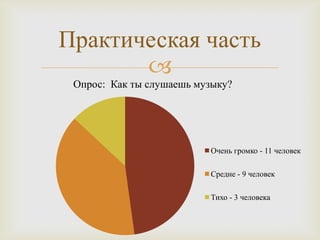 Практическая часть
       
 Опрос: Как ты слушаешь музыку?




                          Очень громко - 11 человек

                          Средне - 9 человек

                          Тихо - 3 человека
 