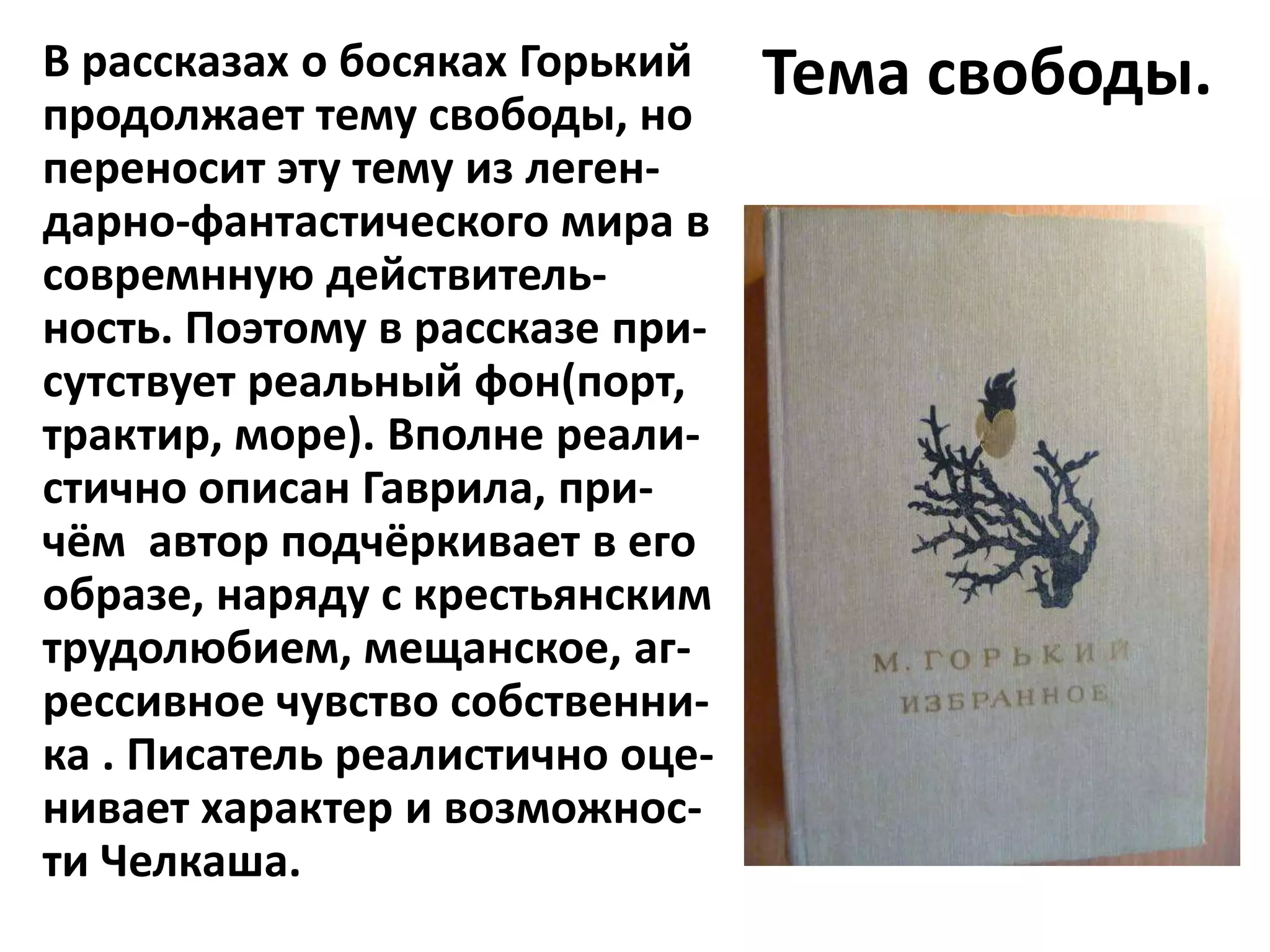 В рассказах о босяках Горький    Тема свободы.
продолжает тему свободы, но
переносит эту тему из леген-
дарно-фантастического мира в
совремнную действитель-
ность. Поэтому в рассказе при-
сутствует реальный фон(порт,
трактир, море). Вполне реали-
стично описан Гаврила, при-
чём автор подчёркивает в его
образе, наряду с крестьянским
трудолюбием, мещанское, аг-
рессивное чувство собственни-
ка . Писатель реалистично оце-
нивает характер и возможнос-
ти Челкаша.
 