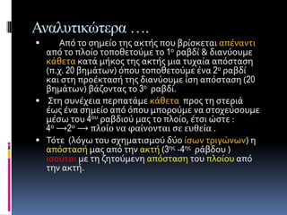 Αναλςηικώηεπα ….
    Από το ςημεύο τησ ακτόσ που βρύςκεται απϋναντι
  από το πλούο τοποθετούμε το 1ο ραβδύ & διανύουμε
  κϊθετα κατϊ μόκοσ τησ ακτόσ μια τυχαύα απόςταςη
  (π.χ. 20 βημϊτων) όπου τοποθετούμε ϋνα 2ο ραβδύ
  και ςτη προϋκταςό τησ διανύουμε ύςη απόςταςη (20
  βημϊτων) βϊζοντασ το 30 ραβδύ.
 Στη ςυνϋχεια περπατϊμε κϊθετα προσ τη ςτεριϊ
  ϋωσ ϋνα ςημεύο από όπου μπορούμε να ςτοχεύςουμε
  μϋςω του 4ου ραβδιού μασ το πλούο, ϋτςι ώςτε :
  4ο ⟶2ο ⟶ πλοίο να φαίνονται σε ευθεία .
 Τότε (λόγω του ςχηματιςμού δύο ύςων τριγώνων) η
  απόςταςό μασ από την ακτό (3ησ -4ησ ρϊβδου )
  ιςούται με τη ζητούμενη απόςταςη του πλούου από
  την ακτό.
 