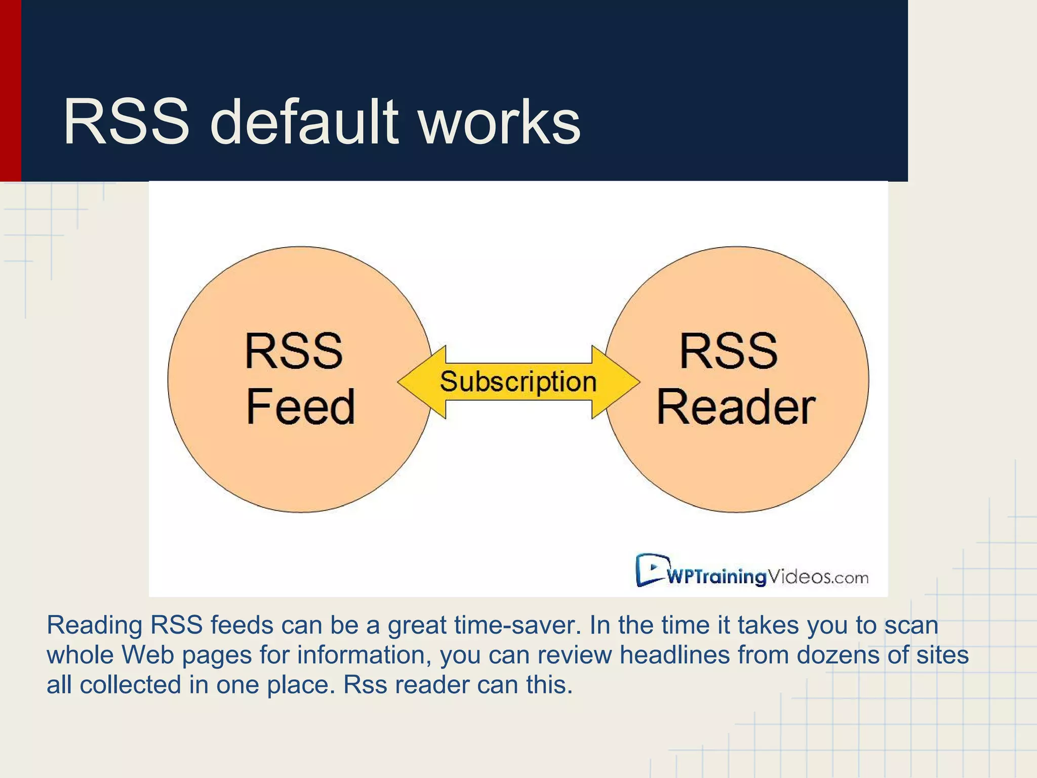 RSS default works




Reading RSS feeds can be a great time-saver. In the time it takes you to scan
whole Web pages for information, you can review headlines from dozens of sites
all collected in one place. Rss reader can this.
 
