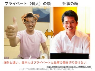 プライベート（個人）の顔   仕事の顔




海外と違い、日本人はプライベートと仕事の顔を切り分けない
                           http://ameblo.jp/enspire/entry-11370841331.html
     イーンスパイア(株) 横田秀珠の著作権を尊重しつつ、是非ノウハウはシェアして行きましょう。                           4
 