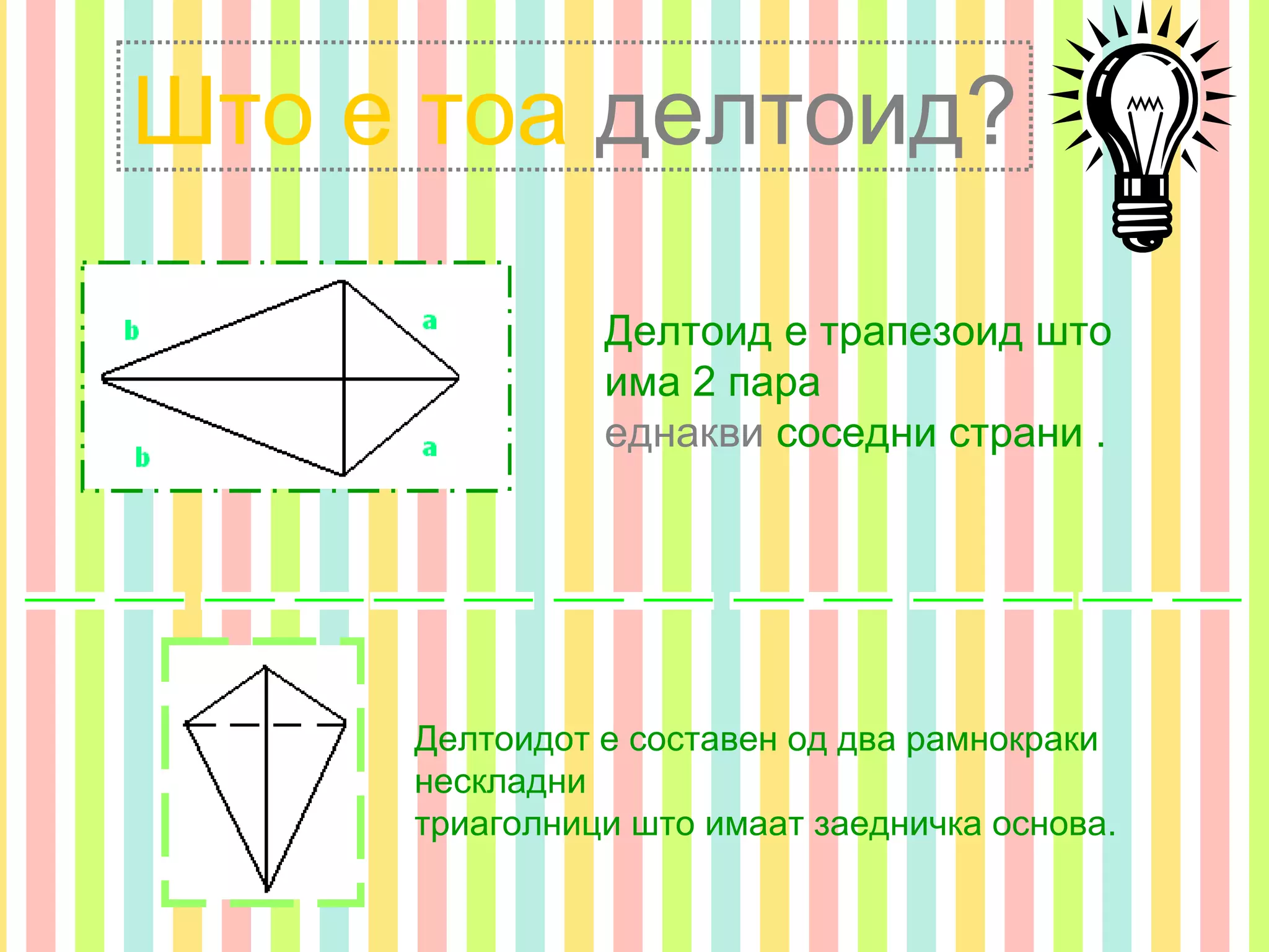 Што е тоа делтоид?

               Делтоид е трапезоид што
               има 2 пара
               еднакви соседни страни .




     Делтоидот е составен од два рамнокраки
     нескладни
     триаголници што имаат заедничка основа.
 