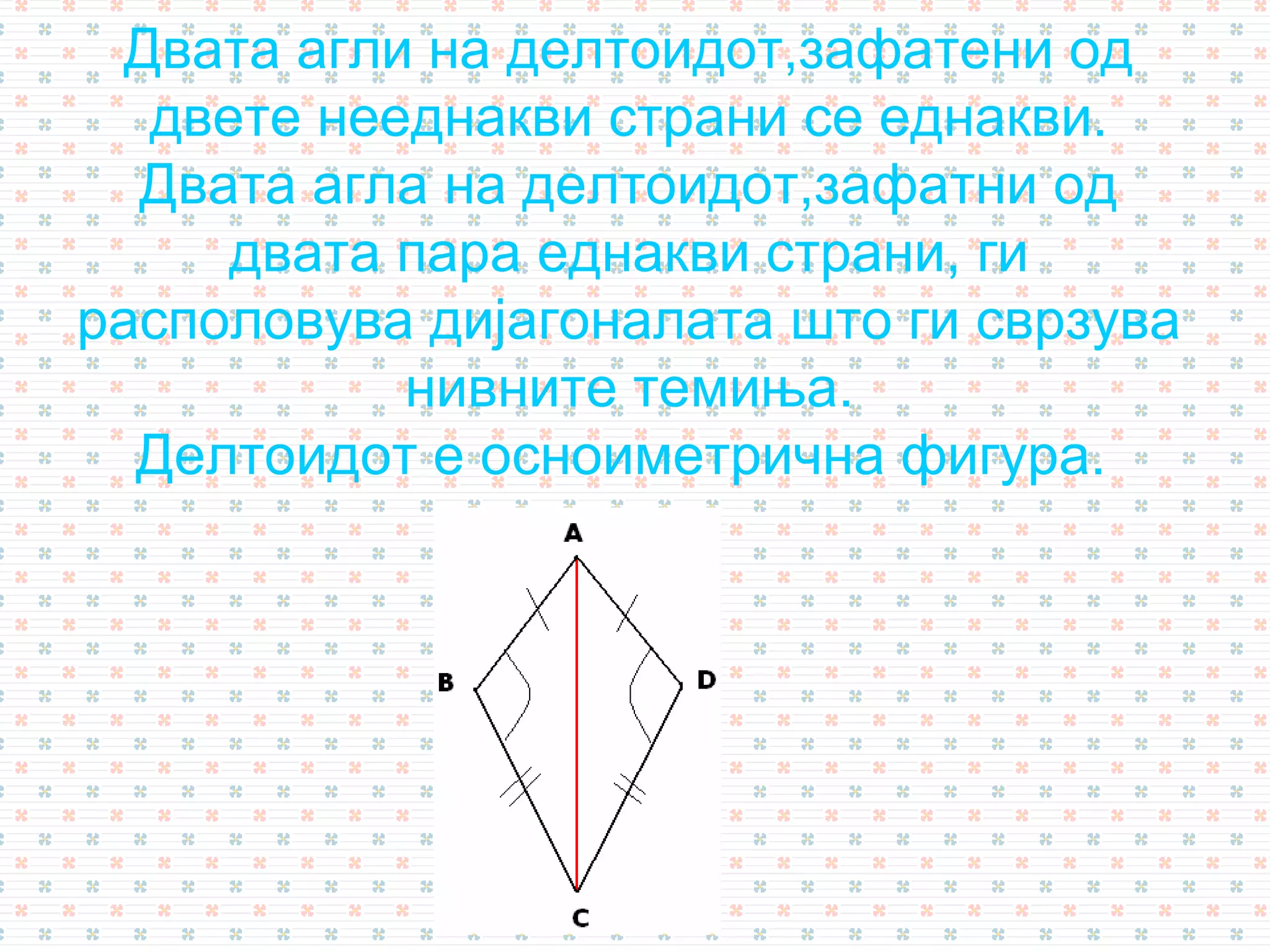 Двата агли на делтоидот,зафатени од
  двете нееднакви страни се еднакви.
  Двата агла на делтоидот,зафатни од
     двата пара еднакви страни, ги
располовува дијагоналата што ги сврзува
           нивните темиња.
  Делтоидот е осноиметрична фигура.
 