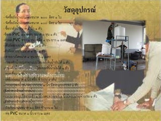 วัสดุอุปกรณ์
- จัดซื้อถังน้้าแบบกลมขนาด ๒๐๐ ลิตร ๑ ใบ
- จัดซื้อถังน้้าแบบกลมขนาด ๑๐๐ ลิตร ๑ ใบ
- ซื้อวาล์วน้้าขนาด ๑ นิ้ว ๑ ตัว
-ข้องอ PVC ๔๕ องศา ขนาด ๖ หุน ๑ ตัว
-ตัวลด PVC จาก ๖ หุน เหลือ ๔ หุน ยาว ๑ เมตร
- ตัวลัดสายยางขนาด ๑ นิ้ว ๑ ตัว
-ตัวลัดสายยางขนาด ๔ หุน ๑ ตัว
- สายยางใสขนาด ๔ หุน ยาว ๑ เมตร
- กรองดักน้้ารถบรรทุกแบบใสมองเห็นน้้ามันได้ ๑ ตัว
-กรองดักน้้ารถบรรทุกแบบใสมองเห็นน้้ามันได้ ๑ ตัว
- ลวดเชื่อม ๑ ห่อ
- เหล็กท่อขนาด ๑ นิ้ว ครึ่ง จ้านวน ๔ เส้น
- กรวยกรองน้้าขนาดปากกรวย ๙ นิ้ว มีตระแกรงกรอง ๑ ตัว
(สั่งท้าจากร้านท้ารางน้้า)
- กรวยกรองรูปไซทางเข้า ๑ นิ้ว และทางออก ๑ นิ้วมีตระแกรงจ้านวน ๑ ตัว
(สั่งท้าจากร้านท้ารางน้้า)
- ถังเก็บน้้ามันขนาด ๒๐ ลิตร จ้านวน ๒ ใบ
- ท่อ PVC ขนาด ๑ นิ้ว ยาว ๒ เมตร
 