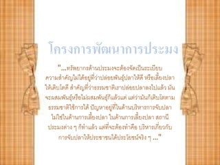 โครงการพัฒȨการประมง
      "…ทรัพยากรด้านประมงจะต้องจัดเป็นระเบียบ
ความสาคัญไม่ได้อยูที่ว่าปล่อยพันธุ์ปลาให้ดี หรือเลี้ยงปลา
                     ่
ให้เติบโตดี สาคัญที่ว่าธรรมชาติเราปล่อยปลาลงไปแล้ว มัน
จะผสมพันธุ์หรือไม่ผสมพันธุ์ก็แล้วแต่ แต่ว่ามันก็เติบโตตาม
 ธรรมชาติใช้การได้ ปัญหาอยู่ที่ในด้านบริหารการจับปลา
   ไม่ใช่ในด้านการเลี้ยงปลา ในด้านการเลี้ยงปลา สถานี
 ประมงต่าง ๆ ก็ทาแล้ว แต่ที่จะต้องทาคือ บริหารเกี่ยวกับ
       การจับปลาให้ประชาชนได้ประโยชน์จริง ๆ …"
 