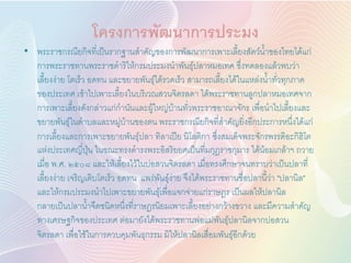 โครงการพัฒȨการประมง
• พระราชกรณียกิจที่เป็นรากฐานสาคัญของการพัฒนาการเพาะเลี้ยงสัตว์น้าของไทยได้แก่
  การพระราชทานพระราชดาริให้กรมประมงนาพันธุ์ปลาหมอเทศ ซึ่งทดลองแล้วพบว่า
  เลี้ยงง่าย โตเร็ว อดทน และขยายพันธุ์ได้รวดเร็ว สามารถเลี้ยงได้ในแหล่งน้าทั่วทุกภาค
  ของประเทศ เข้าไปเพาะเลี้ยงในบริเวณสวนจิตรลดา ได้พระราชทานลูกปลาหมอเทศจาก
  การเพาะเลี้ยงดังกล่าวแก่กานันและผู้ใหญ่บ้านทั่วพระราชอาณาจักร เพื่อนาไปเลี้ยงและ
  ขยายพันธุ์ในตาบลและหมู่บ้านของตน พระราชกรณียกิจที่สาคัญยิ่งอีกประการหนึ่งได้แก่
  การเลี้ยงและการเพาะขยายพันธุ์ปลา ทิลาเปีย นิโลติกา ซึ่งสมเด็จพระจักรพรรดิอะกิฮโต   ิ
  แห่งประเทศญี่ปุ่น ในขณะทรงดารงพระอิสริยยศเป็นที่มกุฎราชกุมาร ได้น้อมเกล้าฯ ถวาย
  เมื่อ พ.ศ. ๒๕๐๘ และให้เลี้ยงไว้ในบ่อสวนจิตรลดา เมื่อทรงศึกษาจนทราบว่าเป็นปลาที่
  เลี้ยงง่าย เจริญเติบโตเร็ว อดทน แพร่พันธุ์ง่าย จึงได้พระราชทานชื่อปลานี้ว่า "ปลานิล"
  และให้กรมประมงนาไปเพาะขยายพันธุ์เพื่อแจกจ่ายแก่ราษฎร เป็นผลให้ปลานิล
  กลายเป็นปลาน้าจืดชนิดหนึ่งที่ราษฎรนิยมเพาะเลี้ยงอย่างกว้างขวาง และมีความสาคัญ
  ทางเศรษฐกิจของประเทศ ต่อมายังได้พระราชทานพ่อแม่พันธุ์ปลานิลจากบ่อสวน
  จิตรลดา เพื่อใช้ในการควบคุมพันธุกรรม มิให้ปลานิลเสื่อมพันธุ์อีกด้วย
 