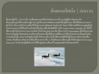 ขั้นตอนที่หนึ่ง : ก่อกวน คือ การที่เมฆธรรมชาติเริ่ มก่อตัวทางแนวตั้ง การปฏิบติการฝนหลวงใน
                                                                               ั
ขั้นตอนนี้จะมุ่งใช้สารเคมีกระตุน ปรากฏให้มวลอากาศเกิดการลอยตัวขึ้นสู่เบื้องบน เพื่อให้เกิดกระบวนการ
                                 ้
ชักไอน้ า หรื อการชักนาความชื้นให้เข้าสู่ระบบการเกิดเมฆ ในแต่ละวัน โดยการใช้สารเคมีที่สามารถดูดซับไอ
น้ าจากมวลอากาศได้ถึงแม้ว่าจะมีเปอร์เซ็นต์ความชื้นสัมพัทธ์ที่ต่า (มีค่า Critical relative humidity ต่า) ทั้งนี้ก็
เพื่อกระตุนให้กลไกกระบวนการกลันตัวไอน้ าในมวลอากาศ (คือ เป็ นการสร้าง Surrounding เพื่อให้เหมาะสม
          ้                          ่
กับการเจริ ญเติบโตของเมฆ) ทางด้านเหนือลมของพื้นที่เป้ าหมายที่ตองการให้ฝนโปรยปราย เมื่อเมฆเริ่ มเกิด
                                                                    ้
การก่อตัวเริ่ มขึ้น และการเจริ ญเติบโตเป็ นไปในทางตั้ง แล้วจึงใช้สารเคมีที่ให้ปฏิกิริยาความร้อนโปรยเป็ น
วงกลม หรื อเป็ นแนวถัดมาทางใต้ลมเป็ นระยะทางสั้น ๆ เข้าสู่กอนเมฆ เพื่อกระตุนให้เกิดกลุ่มแกนร่ วม (main
                                                               ้                  ้
cloud core) ในบริ เวณปฏิบติสาหรับใช้เป็ นศูนย์กลางที่จะสร้างกลุ่มเมฆฝนในขั้นตอนต่อไป
                            ั
 