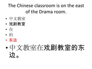 The Chinese classroom is on the east
            of the Drama room.
•   中文教室
•   戏剧教室
•   在
•   的
•   东边

• 中文教室在戏剧教室的东
  边。
 