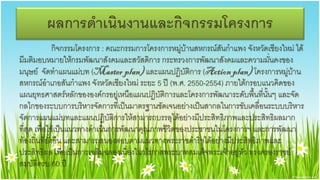 ผลการดาเȨȨานและกิจกรรมโครงการ
               กิจกรรมโครงการ : คณะกรรมการโครงการหมู่บ้านสหกรณ์สันกาแพง จังหวัดเชียงใหม่ ได้
มีมติมอบหมายให้กรมพัฒนาสังคมและสวัสดิการ กระทรวงการพัฒนาสังคมและความมั่นคงของ
มนุษย์ จัดทาแผนแม่บท (Master plan) และแผนปฏิบัติการ (Action plan) โครงการหมู่บ้าน
สหกรณ์อาเภอสันกาแพง จังหวัดเชียงใหม่ ระยะ 5 ปี (พ.ศ. 2550-2554) ภายใต้กรอบแนวคิดของ
แผนยุทธศาสตร์หลักขององค์กรอยู่เหนือแผนปฏิบัติการและโครงการพัฒนาระดับพื้นที่นั้นๆ และจัด
กลไกของระบบการบริหารจัดการที่เป็นมาตรฐานชัดเจนอย่างเป็นสากลในการขับเคลื่อนระบบบริหาร
จัดการแผนแม่บทและแผนปฏิบัติการให้สามารถบรรลุได้อย่างมีประสิทธิภาพและประสิทธิผลมาก
ที่สุด เพื่อใช้เป็นแนวทางดาเนินการพัฒนาคุณภาพชีวิตของประชาชนในโครงการฯ และการพัฒนา
ท้องถิ่นที่ยั่งยืน และสามารถสนองตอบตามแนวทางพระราชึϸริฯได้อย่างมีประสิทธิภาพและ
ประสิทธิผล เพื่อเป็นการเฉลิมฉลองเนื่องในวโรกาสพระบาทสมเด็จพระเจ้าอยู่หัว ทรงครองราชย์
สมบัติครบ 60 ปี
 