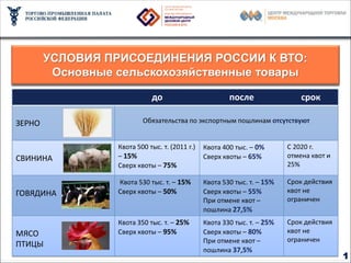 Миссия ВТО – устранение барьеров в торговле

        УСЛОВИЯ ПРИСОЕДИНЕНИЯ РОССИИ К ВТО:
         Основные сельскохозяйственные товары

                             до                         после                 срок

ЗЕРНО                     Обязательства по экспортным пошлинам отсутствуют


                  Квота 500 тыс. т. (2011 г.)   Квота 400 тыс. – 0%       С 2020 г.
СВИНИНА           – 15%                         Сверх квоты – 65%         отмена квот и
                  Сверх квоты – 75%                                       25%

                  Квота 530 тыс. т. – 15%       Квота 530 тыс. т. – 15%   Срок действия
ГОВЯДИНА          Сверх квоты – 50%             Сверх квоты – 55%         квот не
                                                При отмене квот –         ограничен
                                                пошлина 27,5%
                  Квота 350 тыс. т. – 25%       Квота 330 тыс. т. – 25%   Срок действия
МЯСО              Сверх квоты – 95%             Сверх квоты – 80%         квот не
                                                При отмене квот –         ограничен
ПТИЦЫ
                                                пошлина 37,5%
                                                                                          1
 